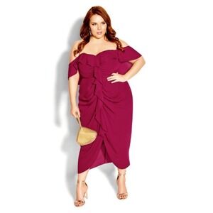 City Chic Dress Va Va Voom Off Shoulder Ruffle Red Garnet Size 14 / XS